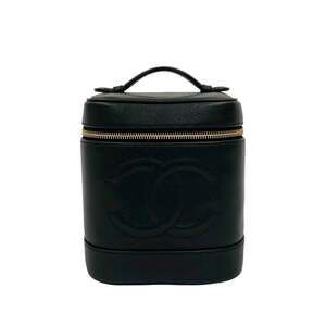 CHANEL Black Caviar Leather Logo Vanity Bag